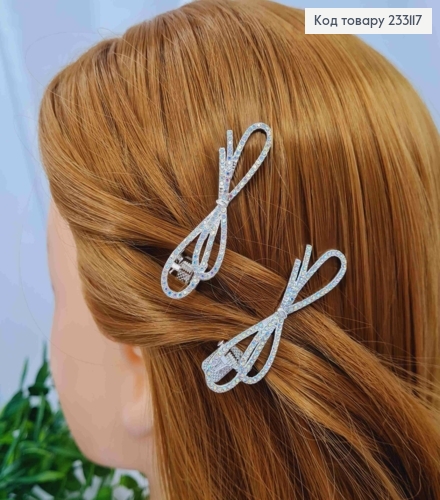 Заколка стрела, "БАНТИК" украшена Перламутровым камнем (2шт/уп), 5,5см, Серебряного цвета 233117 фото 1