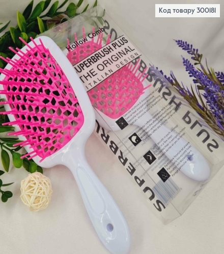 Щетка для волос прямоугольная Белая с Розовым, "HollowComb" Superbrush Plus, 20,5*8см 300181 фото 1