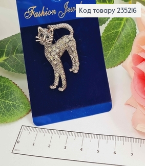 Брошь металл, Котик в камнях, графитового цвета 235216 фото