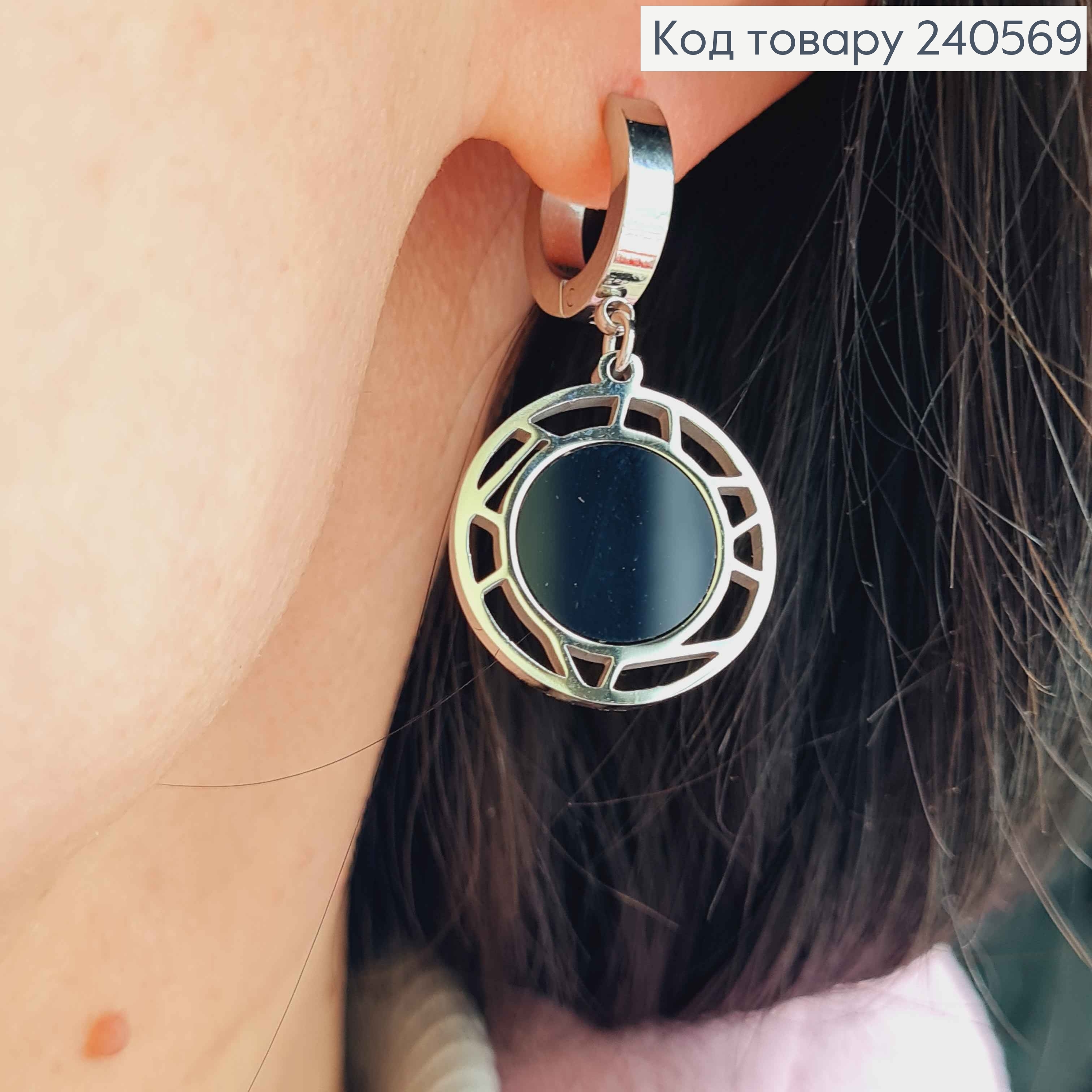 Серьги кольца с подвесками, с черной эмалью, ажурные, 1,5см, серебряного цвета, сталь Stainless Steel 260043 фото 3