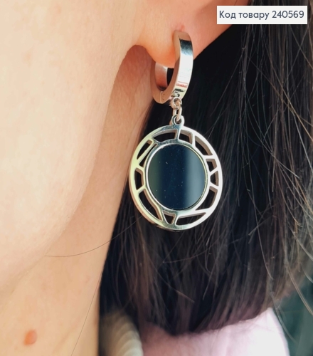 Серьги кольца с подвесками, с черной эмалью, ажурные, 1,5см, серебряного цвета, сталь Stainless Steel 260043 фото 3