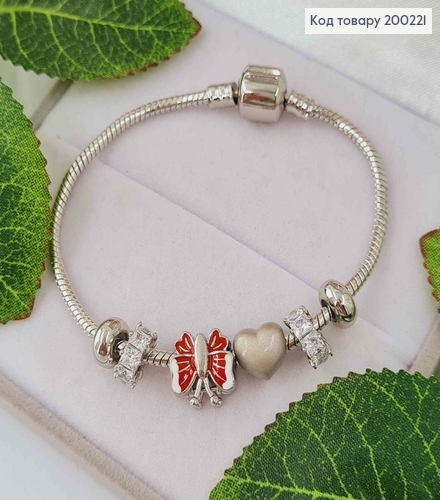 Браслет "Пандора" з Червоним метеликом, та шармиком сердечком, довж 18см. Xuping  200221 фото 1