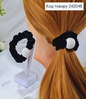 Резинка велюр  об'ємна чорна з кулькою в камінцях (ціна за 1 шт) 242048 фото