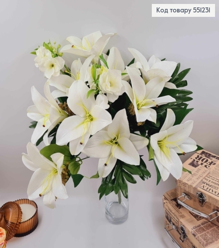 Композиция "Букет БЕЛЫХ лилий", (10 лилий+ другие белые цветочки и приложения), высотой 50см 551231 фото 1