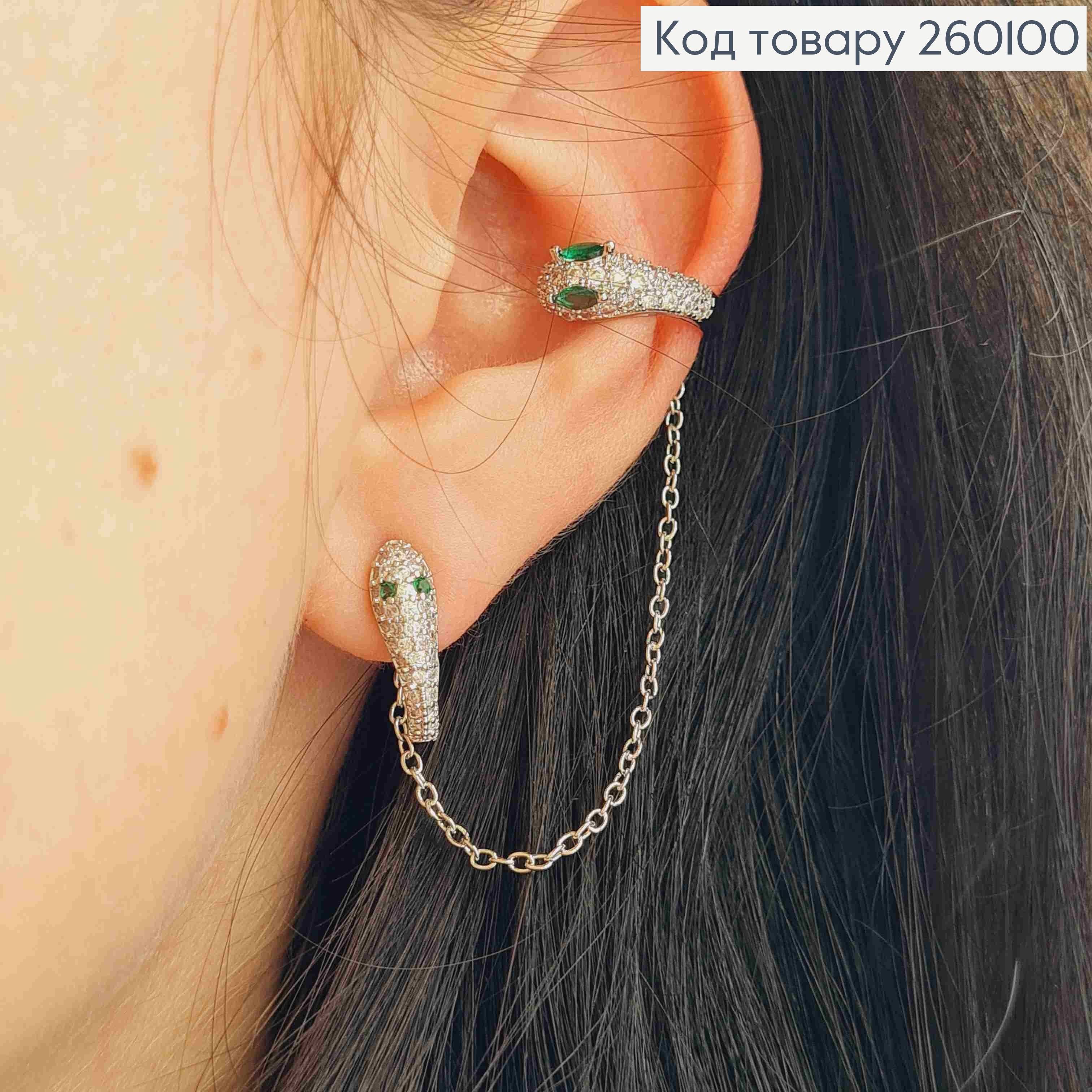 Набор сережек, Кафы(1шт)+Гвозди(2шт), ЗМЕЯ украшена камешками, Серебряного цвета, Сталь 260100 фото 2