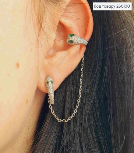 Набор сережек, Кафы(1шт)+Гвозди(2шт), ЗМЕЯ украшена камешками, Серебряного цвета, Сталь 260100 фото 2