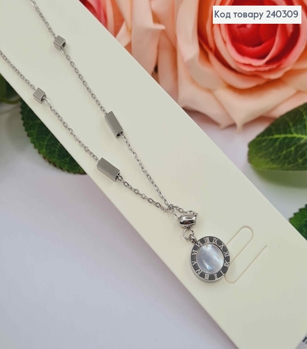 Цепочка серебряного цвета, с подвеской Римские часы и квадратиками, 40+5см, сталь Stainless Steel 240309 фото 3