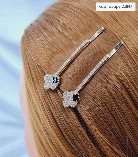 Заколка невидимка 6,5см, в камінцях, З Чотирилисничком, 2шт/наб. 231147 фото 2