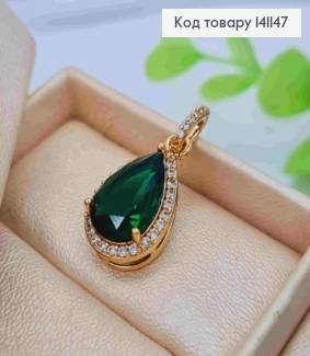 Кулон "Краплинка" Зелений камінь в оправі з камінців, розмір 1,8см, Xuping 18K 141147 фото