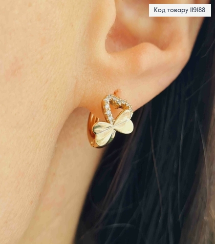 Сережки кільця "Серце з Бантиком" з Блискучими камінцями, (1см), діаметр 1,2см, Xuping 18K 119188 фото 1