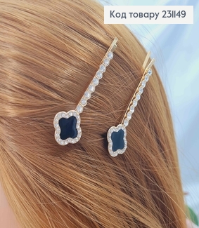 Заколка невидимка 6,5см, в камнях, С четырехлистником с черной эмалью, 2шт/наб. 231149 фото