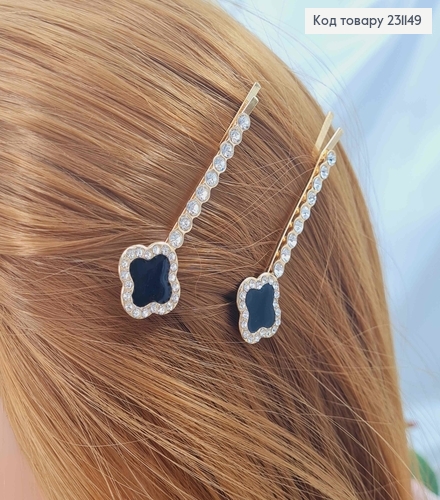 Заколка невидимка 6,5см, в камнях, С четырехлистником с черной эмалью, 2шт/наб. 231149 фото 1