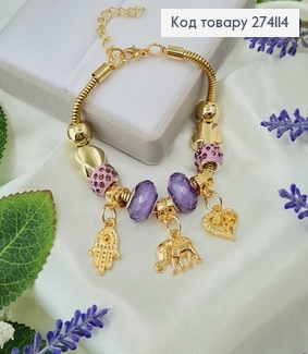 Браслети під Пандору  золотого кольору, з фіолетовими бусинами 15,5см+4см 274114 фото