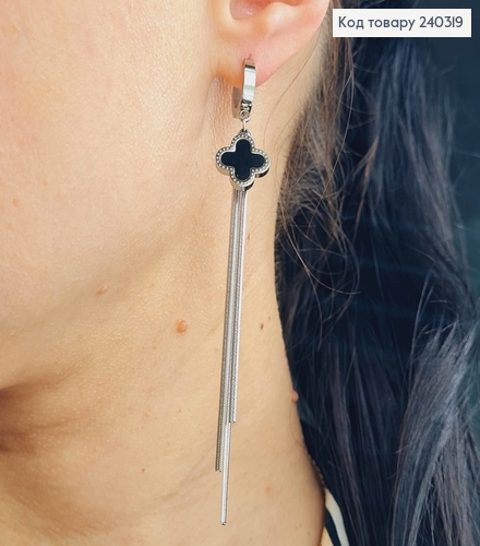 Серьги кольца серебряный, с подвеской четырехлистник черный. эмаль и ниточками, сталь Stainless Steel 240319 фото 2