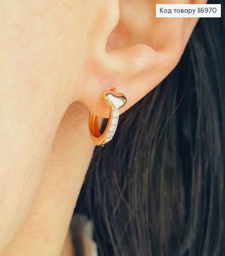 Серьги кольца 1,3см, в камешках, с объемным сердечком, Xuping 18K 116970 фото 2