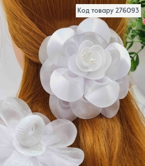 Бант БІЛИЙ "Квітка", на резинці, тканина органза+атлас, розмір 11см, ручна робота 276093 фото