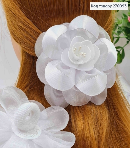 Бант БЕЛЫЙ "Цветок", на резинке, ткань органза+атлас, размер 11см, ручная работа 276093 фото 1