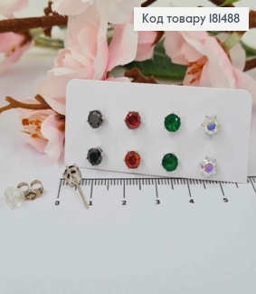 Набор сережки родованные гвозди с разноцветными камешками 5мм, 4пары упаковка, Xuping. 181488 фото