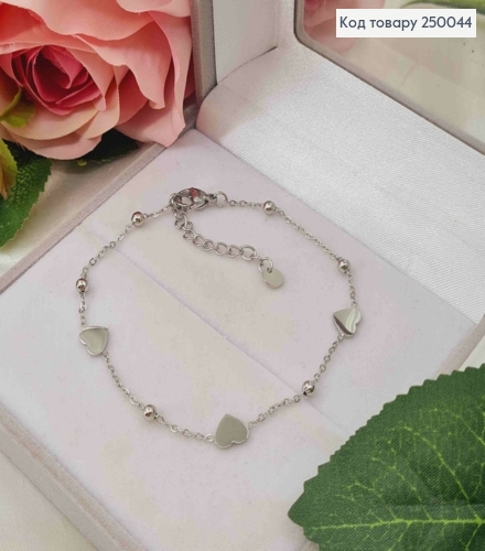 Браслет срібного кольору, з підвісками Серця (6мм), 19+4см, сталь Stainless Steel 250044 фото 1