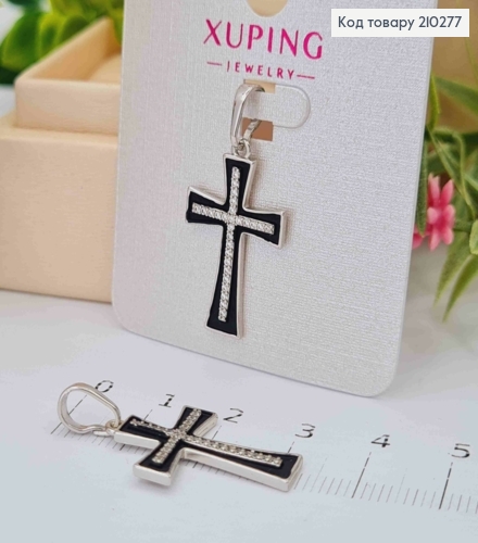Крестик родованный с Черной эмалью украшен Блестящими камешками, 2,5*1,5см, Xuping 210277 фото 1