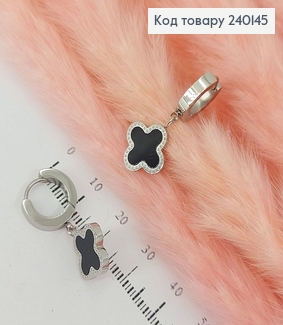 Серьги кольца подвески Четырехлистник серебряный цвет с черным камнем медицинская сталь Stainless Steel 240145 фото
