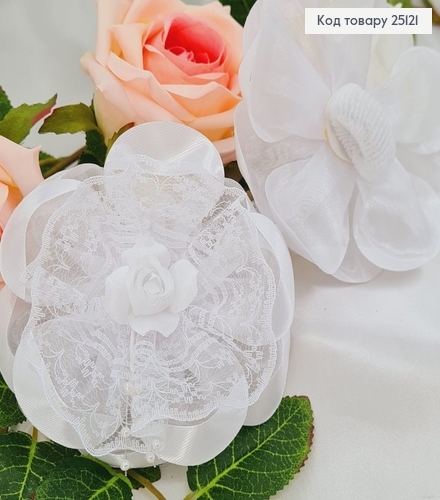 Резинка Бант белый фатин с лентой и кружевом 9 см, ручная робота Украина 25121 фото 1
