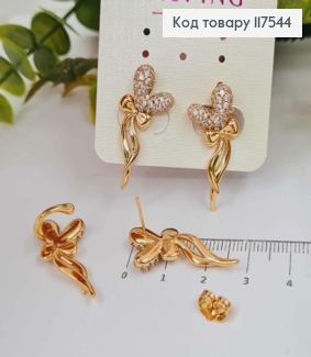 Серьги гвозди-кафе, Сердце в камешках с Бантиком, 3,2см, XUPING 18K 117544 фото