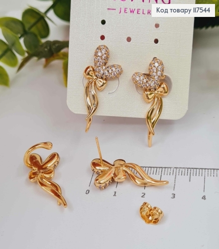 Серьги гвозди-кафе, Сердце в камешках с Бантиком, 3,2см, XUPING 18K 117544 фото 1