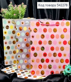 Пакет бумажный с принтом "Смайлики и Звездочки", 32*26*10см, в ассортименте 542278 фото