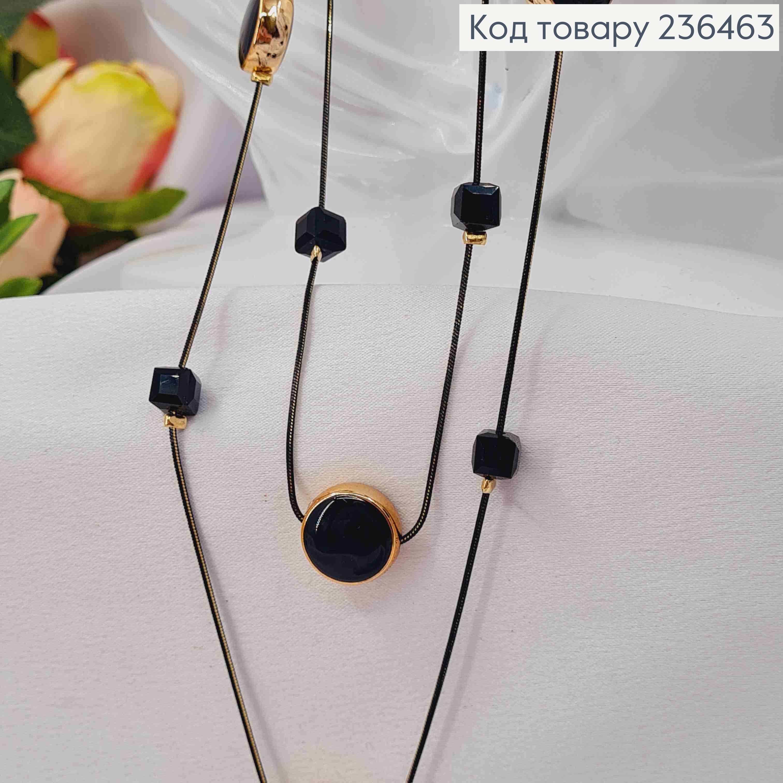 Біжутерія на шию подвійна з круглими та квадратними бусинами, 80+6м, Чорного кольору 236463 фото 2