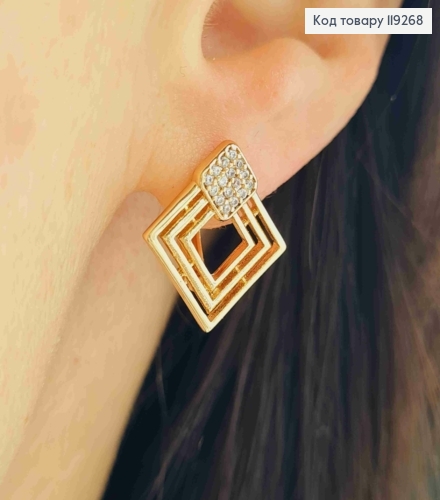 Серьги "Ромб" с Блестящими камешками, длина 1,7см, английская застежка, Xuping 18K 119268 фото 1