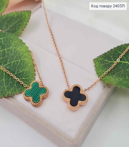 Цепочка с подвеской четырехлистником с черной и зеленой эмалью, дл. 40+5 см, сталь Stainless Steel 240371 фото 1