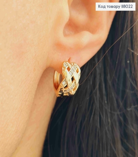 Серьги кольца имитация плетения с камешками, ширина 8мм, диаметр 1,6см, Xuping 18K 118022 фото 3