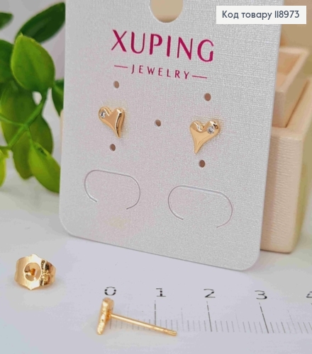 Серьги гвоздики "СЕРДЦЕ" с Блестящим камнем, длина 0,7см, Xuping 18K 118973 фото 2