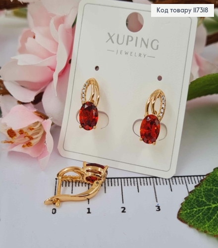 Серьги "Лепесток" с камешками и большим Красным камешком 1,7см, англ застежка, Xuping 18К 117318 фото 1