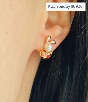 Серьги гвоздики, Зайчонок с красным сердечком и жемчужиной, 1,5см, Xuping 18K 116936 фото