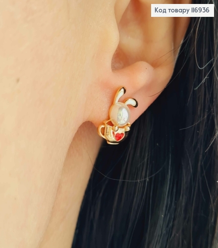 Сережки гвіздки, Зайченя з червоним сердечком та перлинкою, 1,5см, Xuping 18K 116936 фото 1