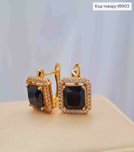 Сережки з Квадратним Чорним каменем в оправі з камінців, довж. 1,5см, англ. застібка, Xuping 18К 119903 фото 1