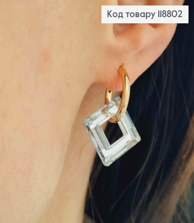 Сережки кільця з Квадратним підвісним Блискучим каменем Сваровскі (2см),  діаметр 1,5см, Xuping 18К 118802 фото