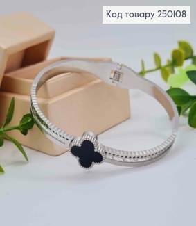 Браслет овальний срібного кольору, Van Cleef з Чорною емаллю, 18см, Stainless Steel 250108 фото