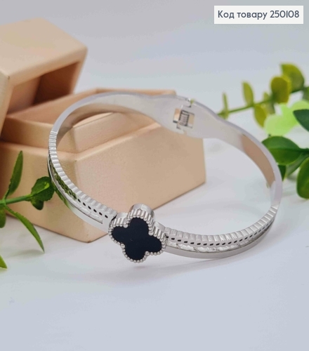 Браслет овальний срібного кольору, Van Cleef з Чорною емаллю, 18см, Stainless Steel 250108 фото 1