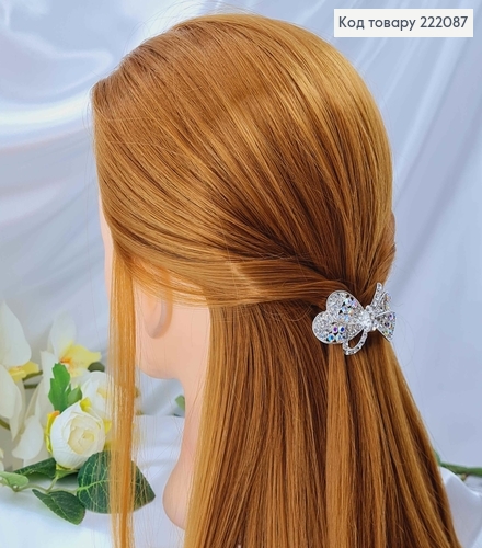 Заколка автомат металл 5,5*3см Бантик в камешках серебряного цвета 222087 фото 4