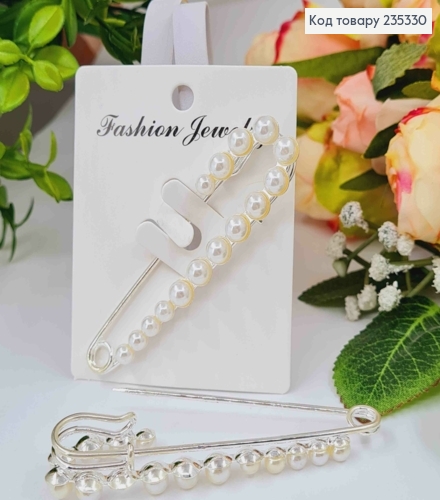 Брошь металл, Булавка серебряного цвета, в жемчужинах 7,5см 235330 фото 1