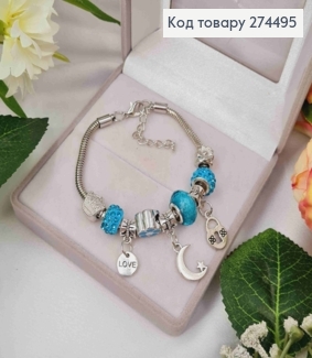 Браслет "ПАНДОРА" с Голубой шармиком (Монетка-Луна-Замок), серебряного цвета, бижутерия 274495 фото