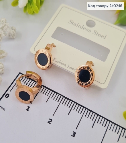 Серёжки кольца 1.0 см Римские часы с чёрной эмалью, цвет золотые, Stainless Steel 240246 фото 1