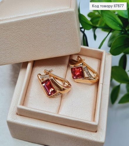 Серьги "АннеТ" с Красным камешком сваровски, длина 2см, англ застежка, Xuping 18K 117877 фото 1