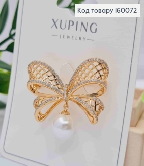 Брошка "Бантик" прикрашена Блискучими камінцями та Перлинкою, 2,5*3,7см, Xuping 18к 160072 фото