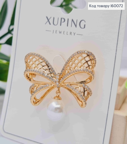 Брошка "Бантик" прикрашена Блискучими камінцями та Перлинкою, 2,5*3,7см, Xuping 18к 160072 фото 1