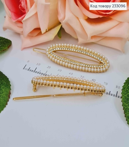 Заколка на зажимчике, овальная в камнях и жемчужинах, 7см 233096 фото 1