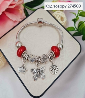 Браслет "ПАНДОРА" з Червоним шармиком + (Метелик/Корона/Дерево), срібного кольору, біжутерія 274509 фото